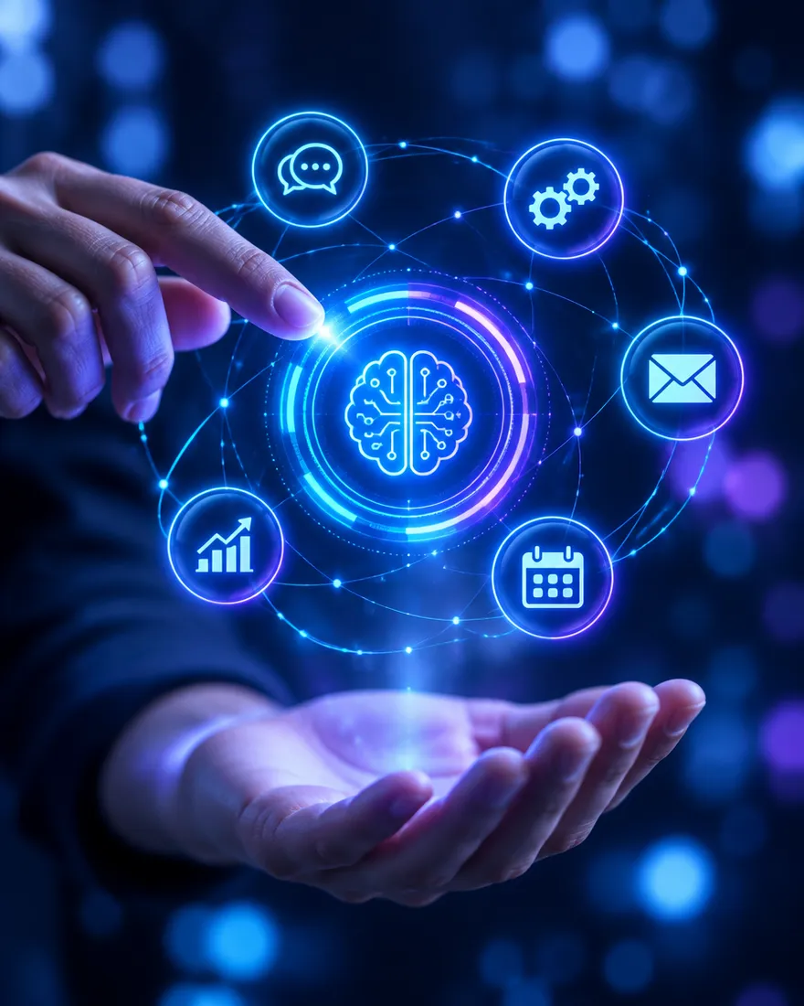 A hand touching a glowing holographic AI interface with icons for chat, automation, email and growth